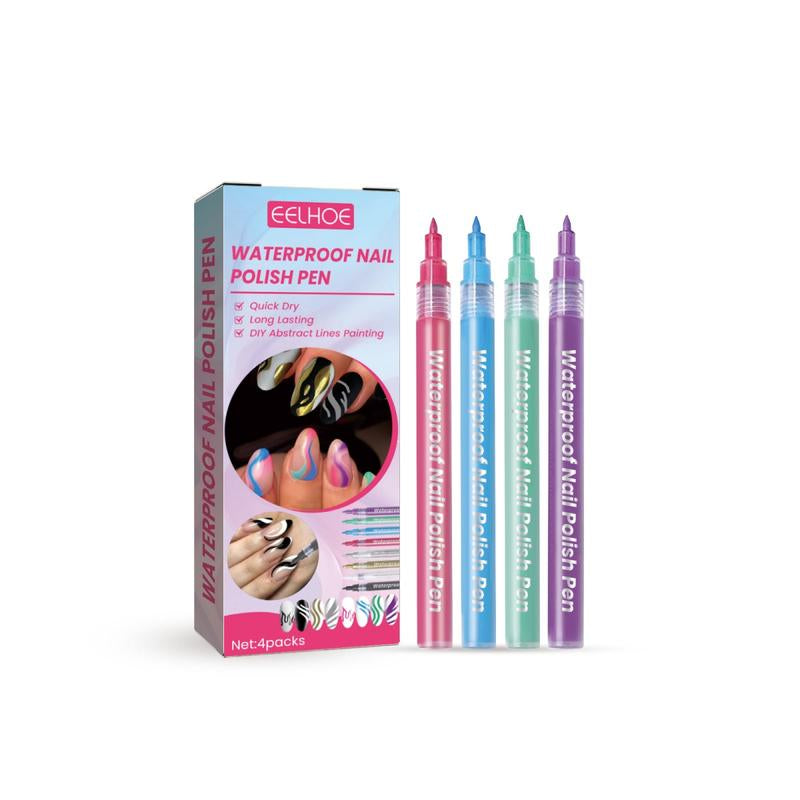 EELHOE Waterproof Nail Art Pen 4 Color Nail Polish Graffiti Pen Nail Art Easy-To-Color Smudge Pen Color Painting Nail Drawing Pen