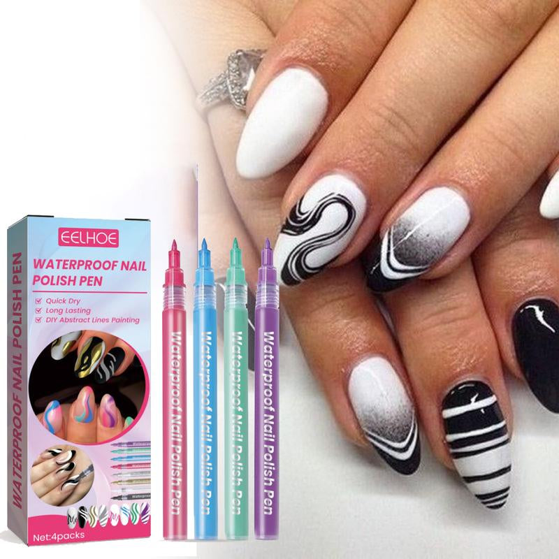 EELHOE Waterproof Nail Art Pen 4 Color Nail Polish Graffiti Pen Nail Art Easy-To-Color Smudge Pen Color Painting Nail Drawing Pen