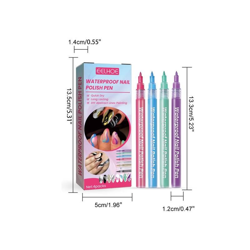 EELHOE Waterproof Nail Art Pen 4 Color Nail Polish Graffiti Pen Nail Art Easy-To-Color Smudge Pen Color Painting Nail Drawing Pen