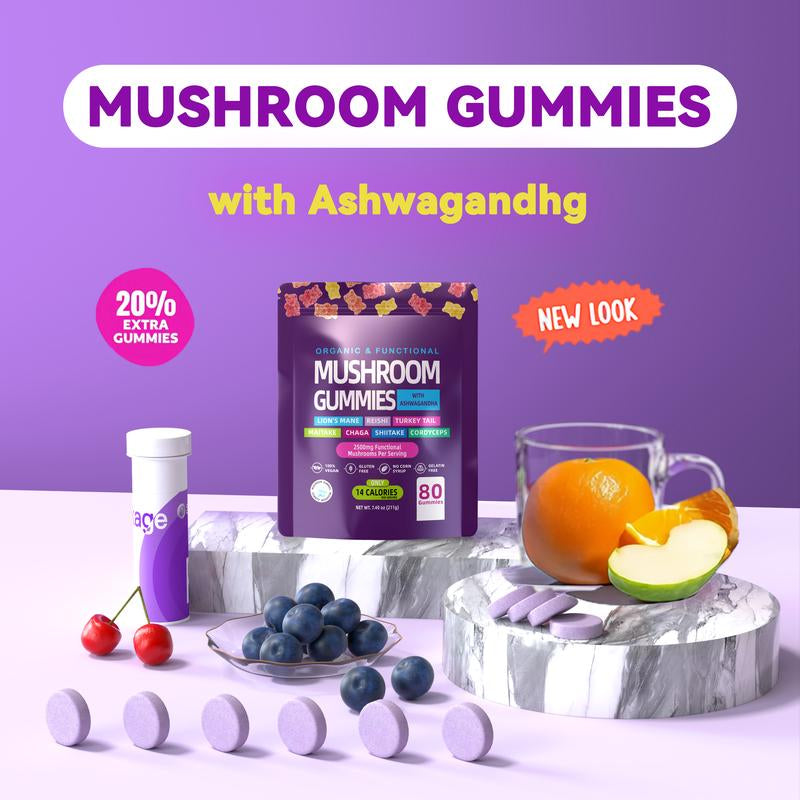 Organic Mushroom & Ashwagandha Gummies, 80 Count - Lion's Mane, Berberine, and Mixed Fruit Supplement for Women