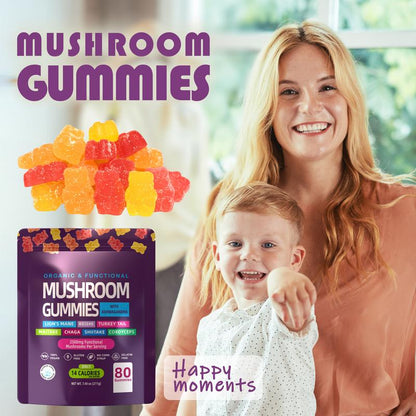 Organic Mushroom & Ashwagandha Gummies, 80 Count - Lion's Mane, Berberine, and Mixed Fruit Supplement for Women