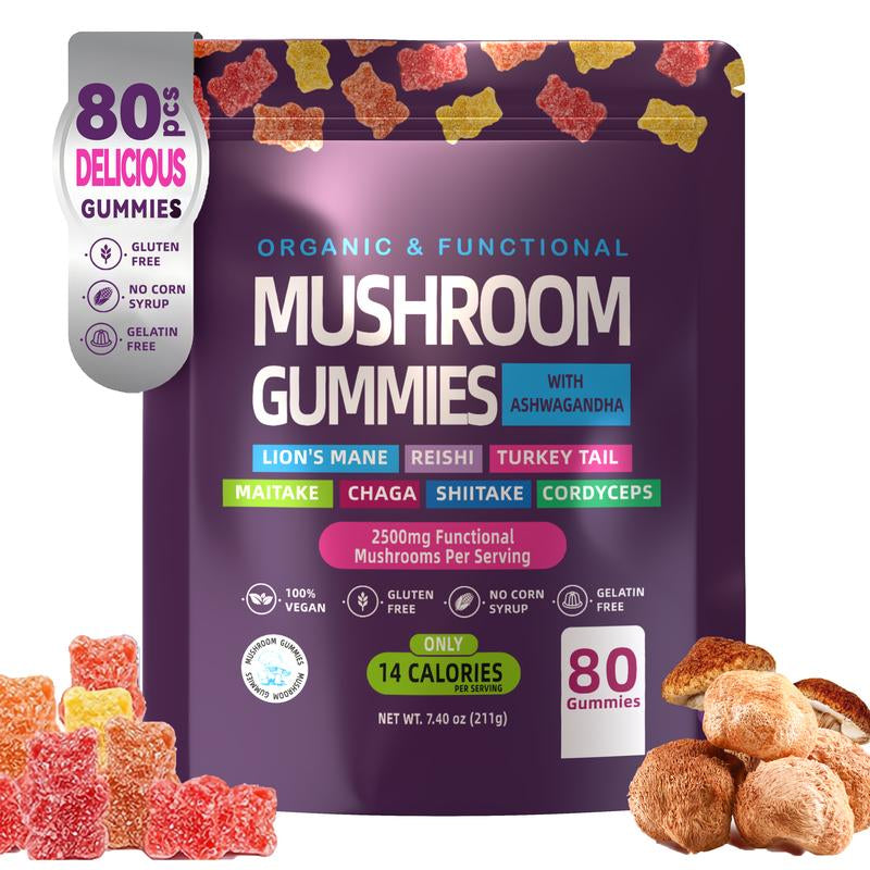 Organic Mushroom & Ashwagandha Gummies, 80 Count - Lion's Mane, Berberine, and Mixed Fruit Supplement for Women