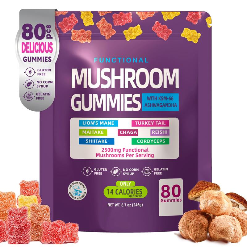 Organic Mushroom & Ashwagandha Gummies, 80 Count - Lion's Mane, Berberine, and Mixed Fruit Supplement for Women