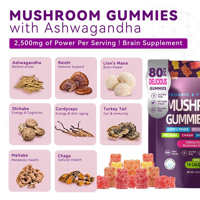 Organic Mushroom & Ashwagandha Gummies, 80 Count - Lion's Mane, Berberine, and Mixed Fruit Supplement for Women